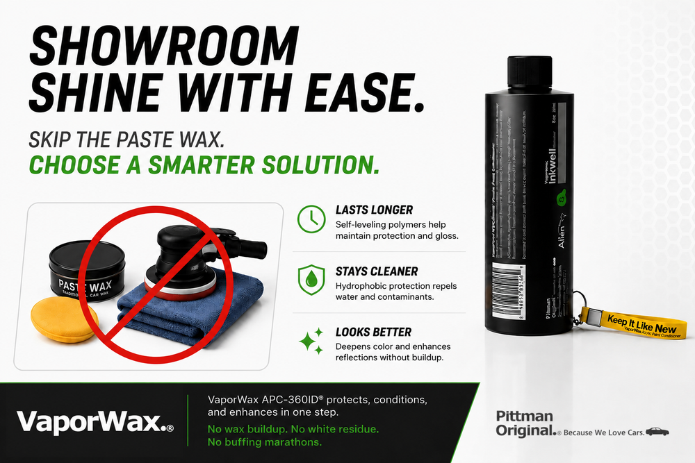 Advertisement for VaporWax car care product with text 'Showroom Shine with Ease' and a bottle of the product.